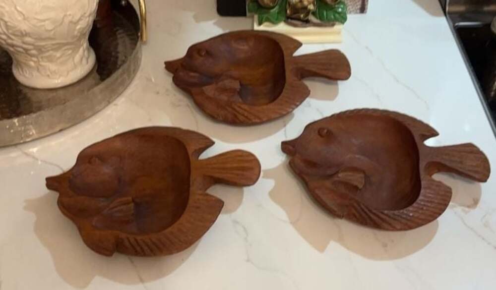 Set of 3 Vintage Mid-Century Modern Teak Wood Angelfish Dishes